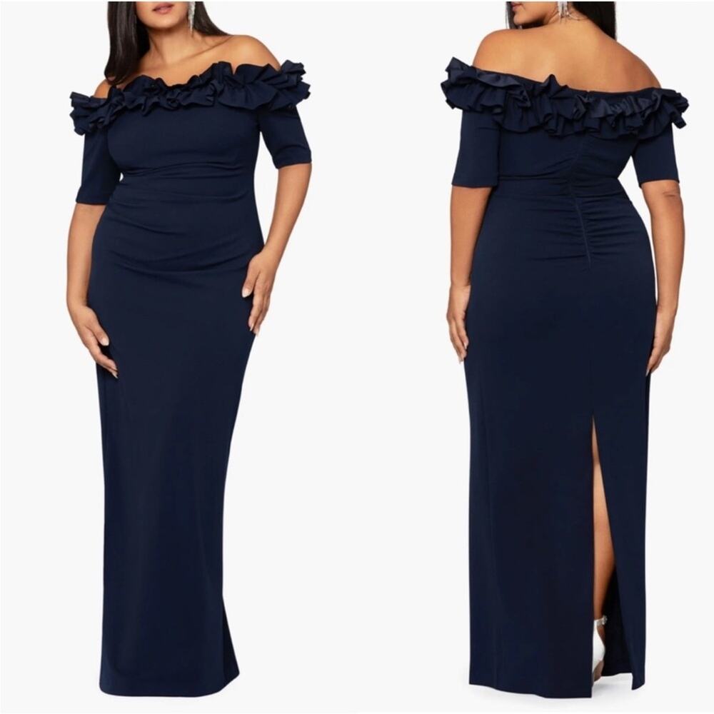 XSCAPE Off the Shoulder Navy Gown‎ 20W Formal Event